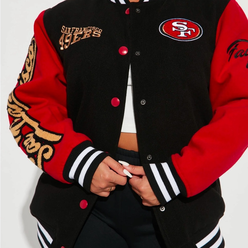 San Francisco 49ers Women's Black and Red Varsity Jacket